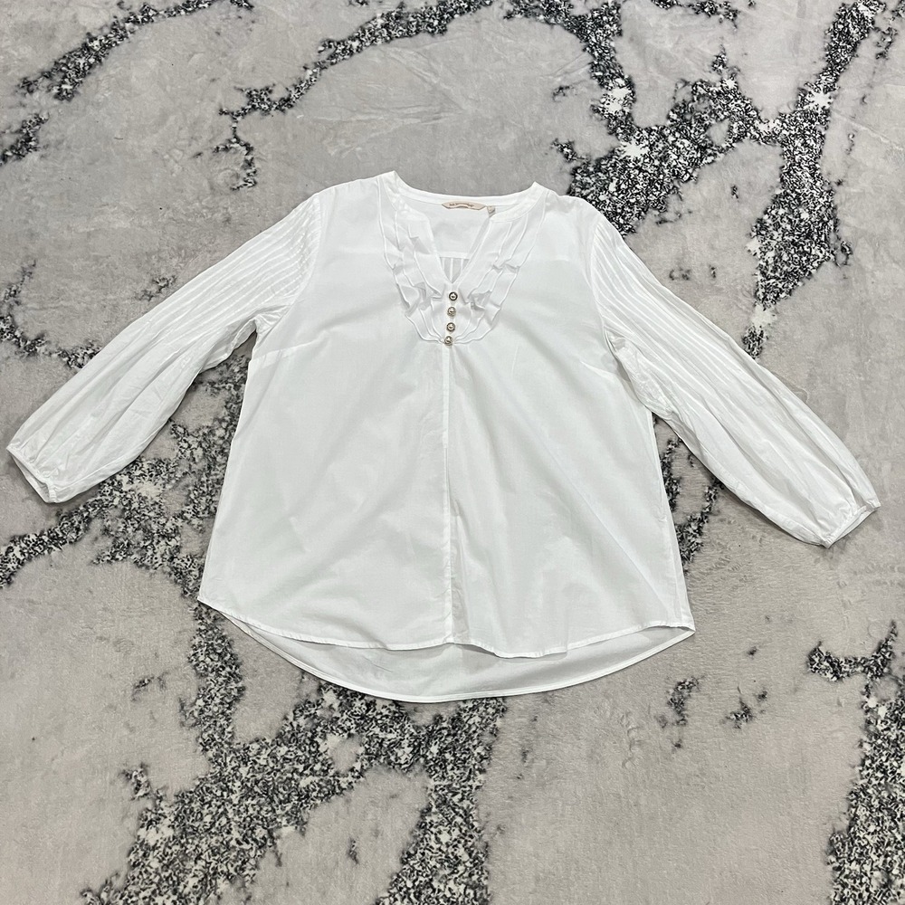 Soft Surroundings Womens Large White Blouse Pintuck Button 3/4 Sleeve Top